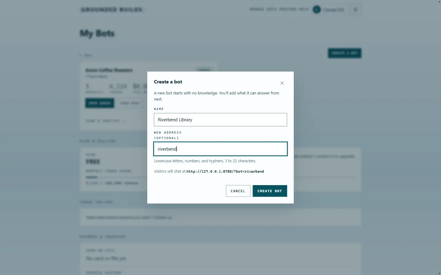 The Create a bot dialog, with the name Riverbend Library and the web address riverbend filled in.