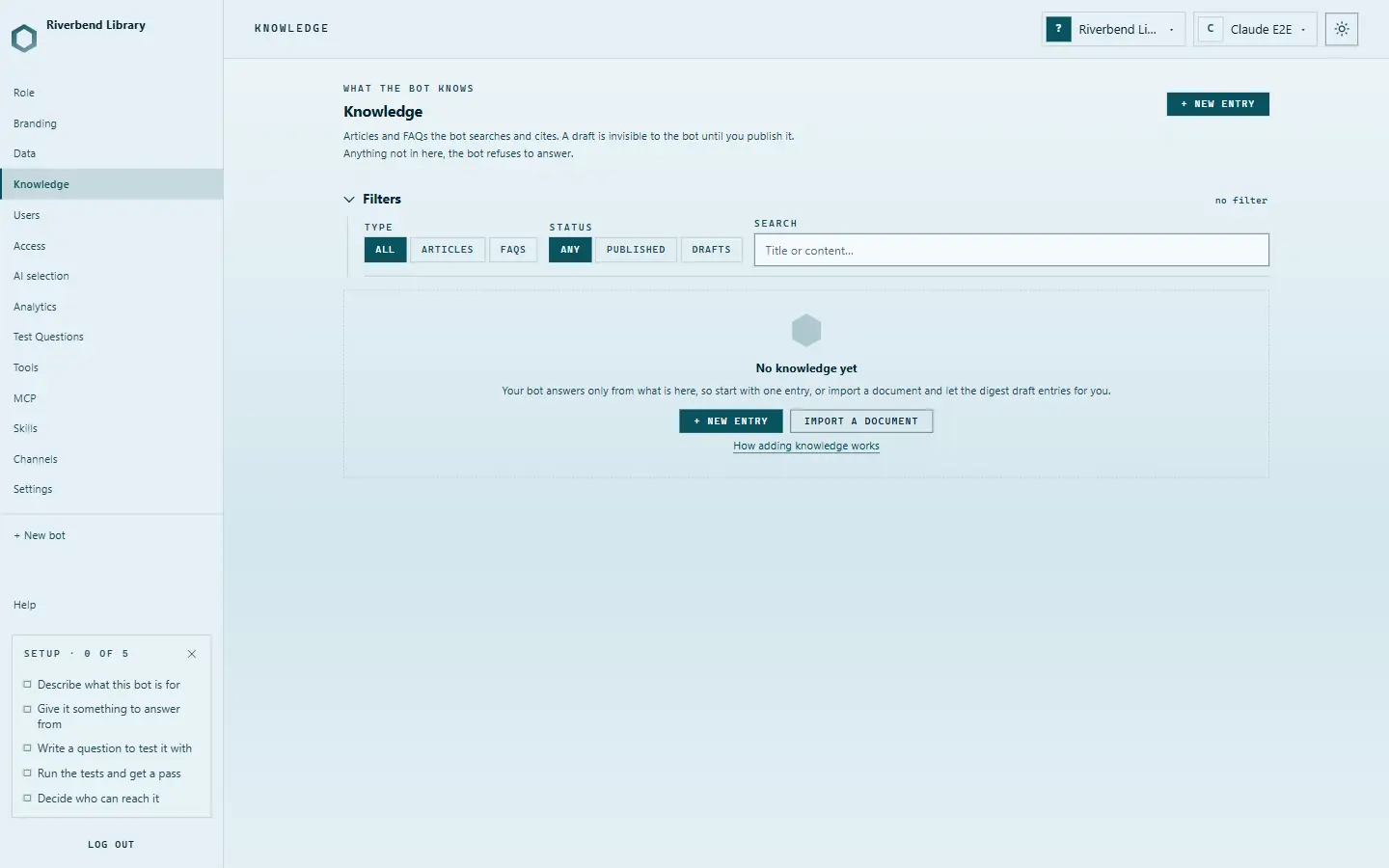 The Knowledge page of a brand-new bot: no knowledge yet, and a sidebar checklist reading SETUP, 0 of 5.