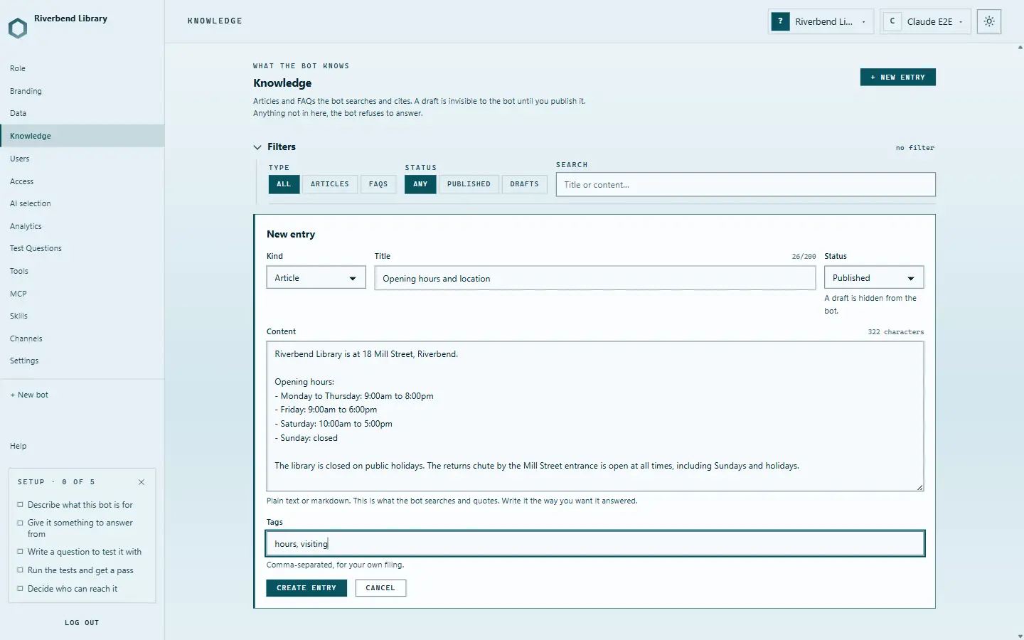 A new knowledge entry titled Opening hours and location, with the library's address and its opening hours as the content.