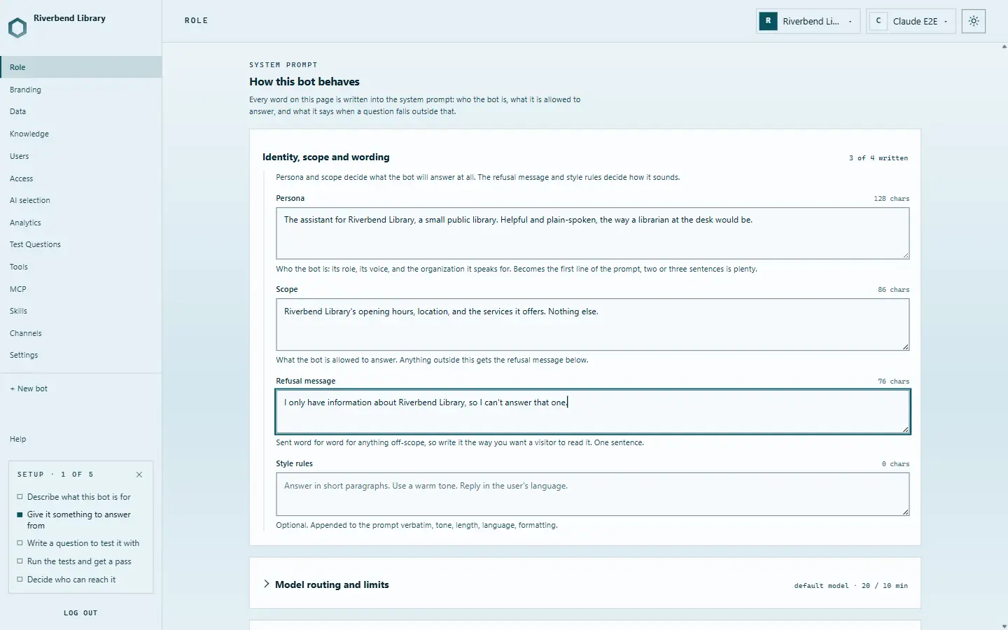 The Role page with a persona, a scope limited to the library's hours, location and services, and a refusal message.