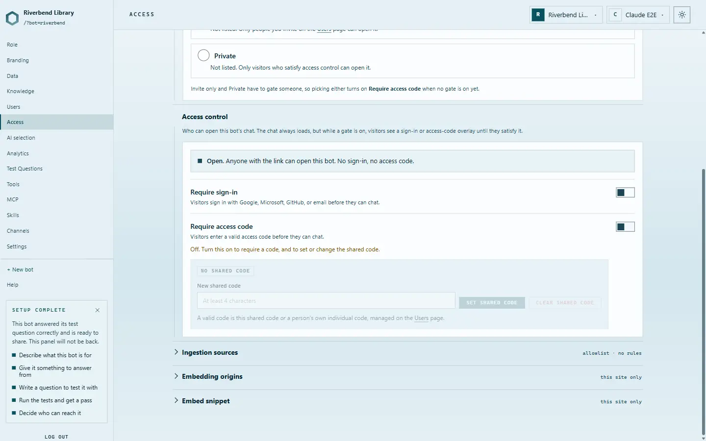 The Access page with the Embed snippet section open, showing an iframe snippet carrying the bot's own address, and the setup checklist reading SETUP COMPLETE.
